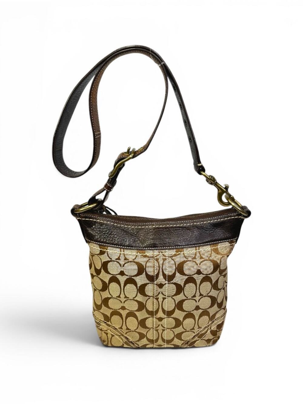 Vintage Coach Signature C Khaki Brown Jacquard Swingpack Crossbody Bag F10402